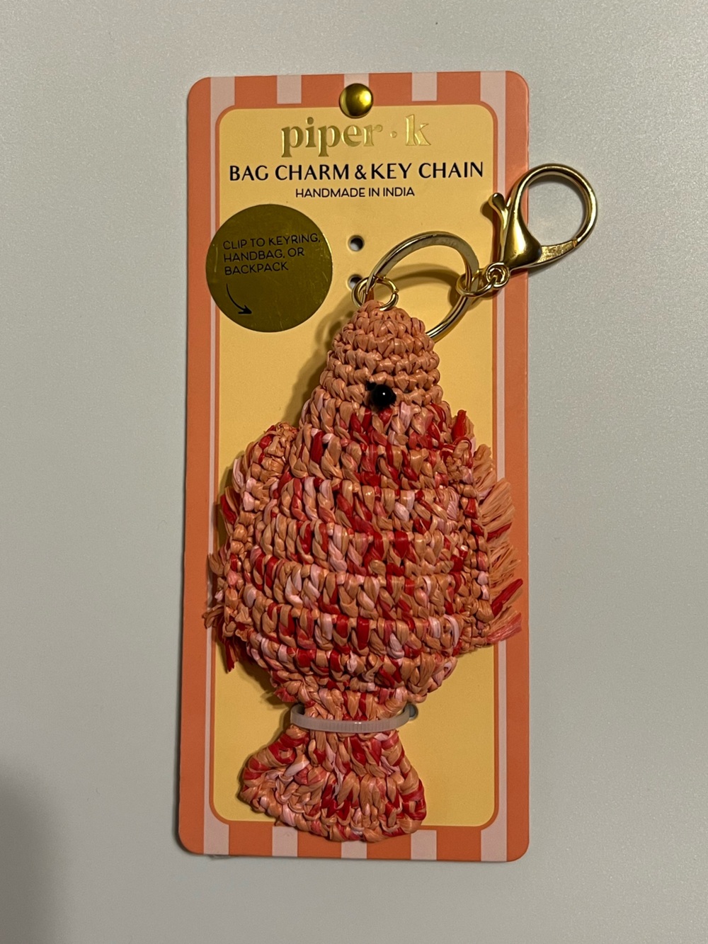 NWT Piper K Crocheted Raffia Fish Bag Charm Key Chain Coral Pink